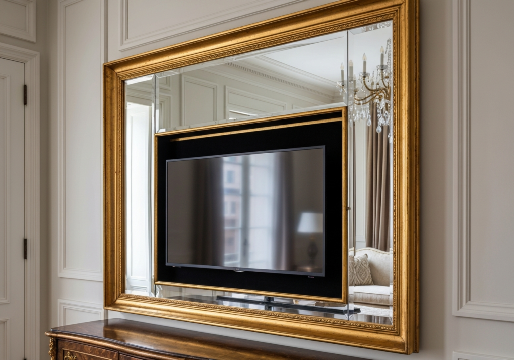 Wykorzystanie luster weneckich jako elementu maskującego telewizor w klasycznym wnętrzu