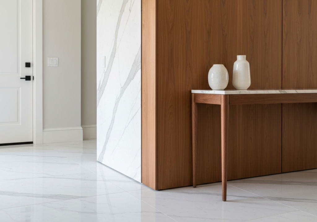 Zestawienie marmuru carrara z drewnem orzecha amerykańskiego w strefie wejściowej