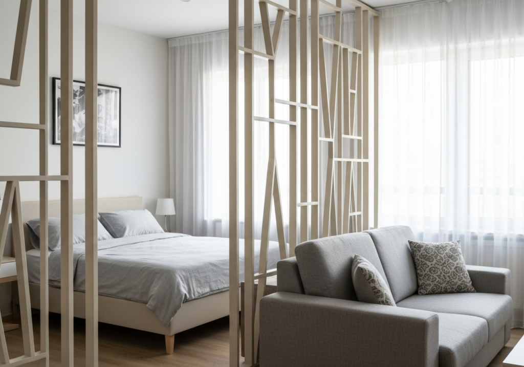 Wykorzystanie mobilnych ścianek ażurowych do wydzielenia strefy spania w kawalerce