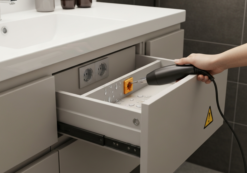 Montaż gniazdek elektrycznych wewnątrz szuflad łazienkowych