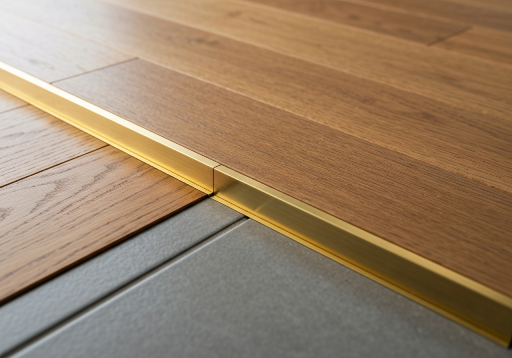 Montaż mosiężnych profili dylatacyjnych między parkietem a gresem