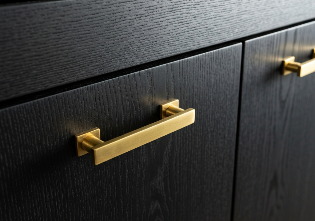 Łączenie mosiężnych okuć meblowych z frontami z czarnego dębu palonego