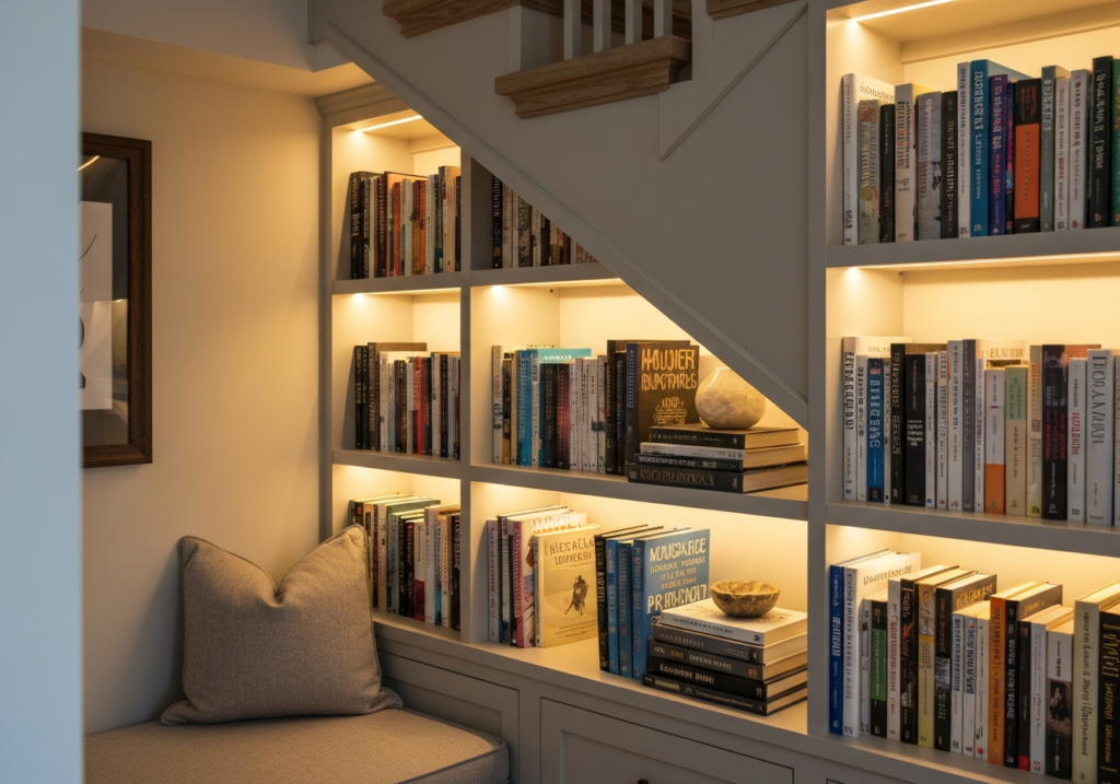Sposoby na aranżację wnęki pod schodami jako domowej biblioteczki z siedziskiem