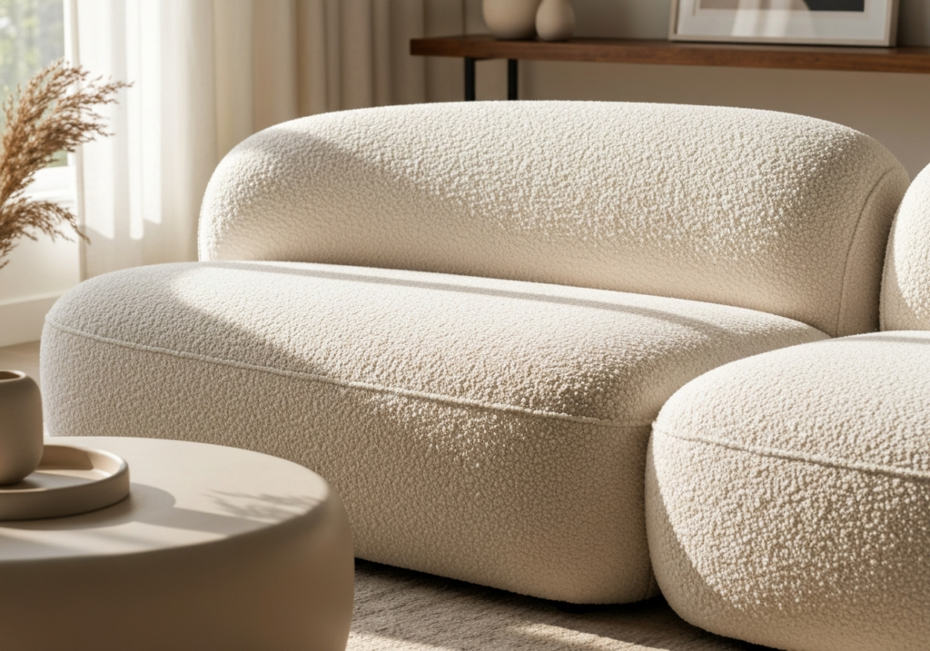 Zastosowanie tkanin boucle w aranżacjach typu obłe formy organiczne